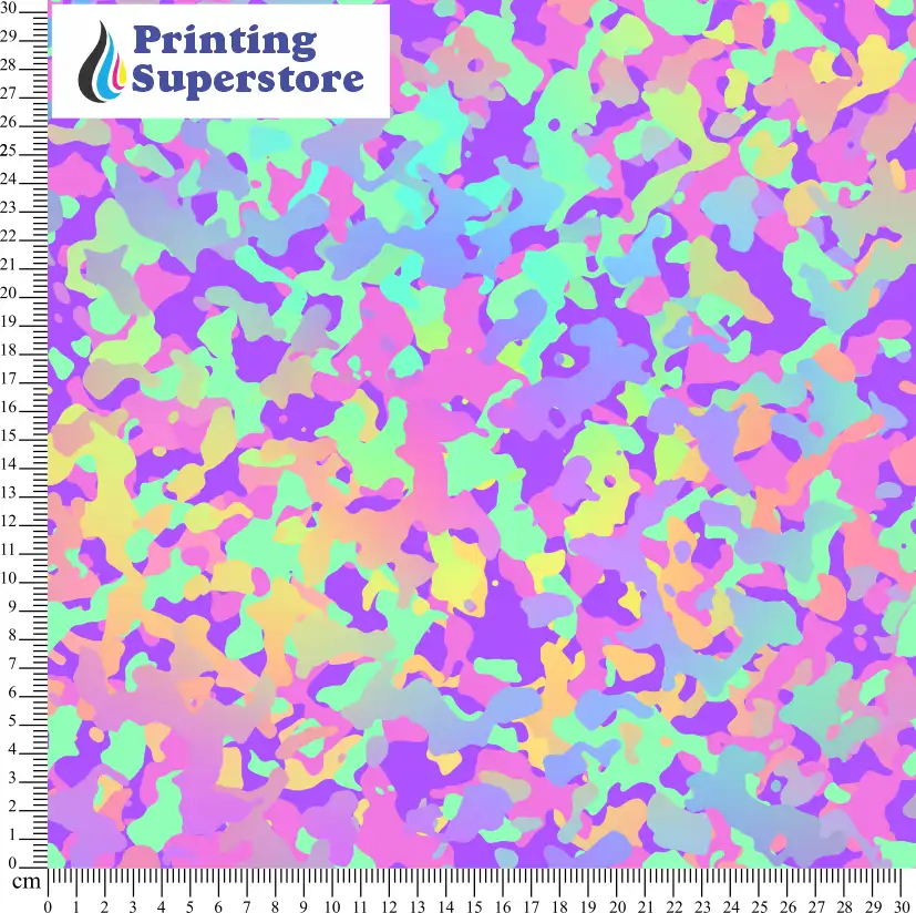 Multi-colour camouflage iridescent pattern printed on Self Adhesive Vinyl (SAV), Heat Transfer Vinyl (HTV) and Cardstock.
