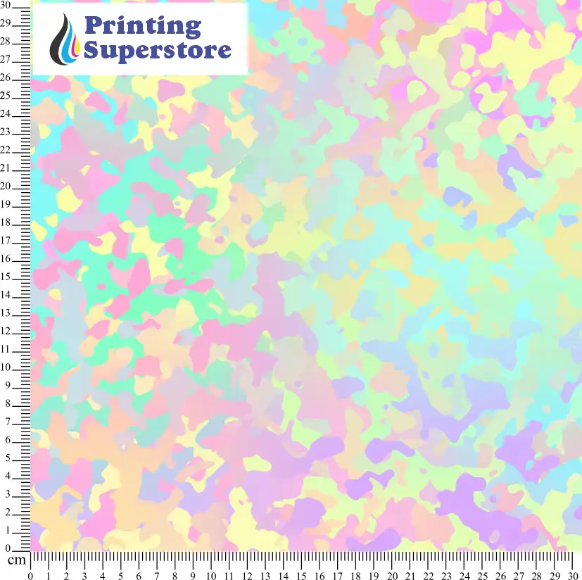 Multi-colour camouflage iridescent pattern printed on Self Adhesive Vinyl (SAV), Heat Transfer Vinyl (HTV) and Cardstock.