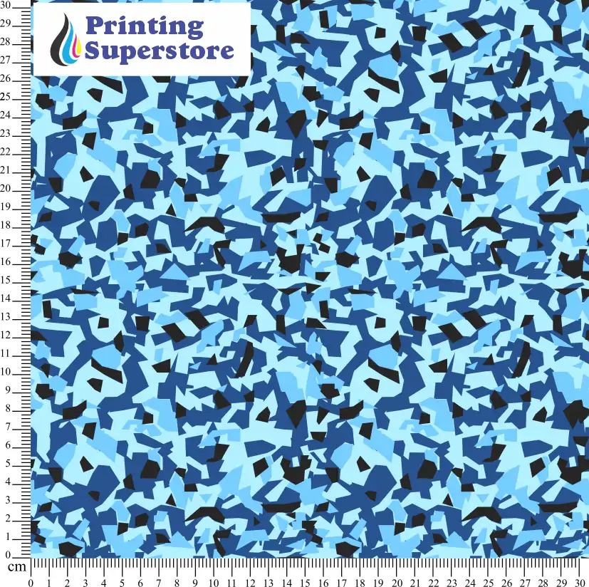 Blue camouflage polygon pattern printed on Self Adhesive Vinyl (SAV), Heat Transfer Vinyl (HTV) and Cardstock.