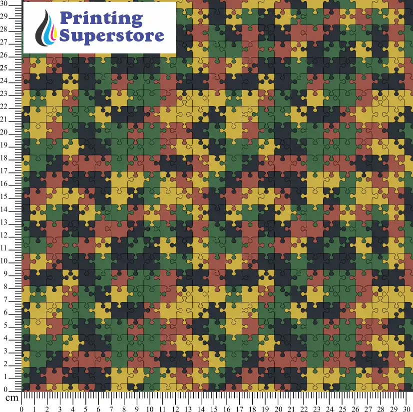 Multi-colour camouflage puzzle pattern printed on Self Adhesive Vinyl (SAV), Heat Transfer Vinyl (HTV) and Cardstock.