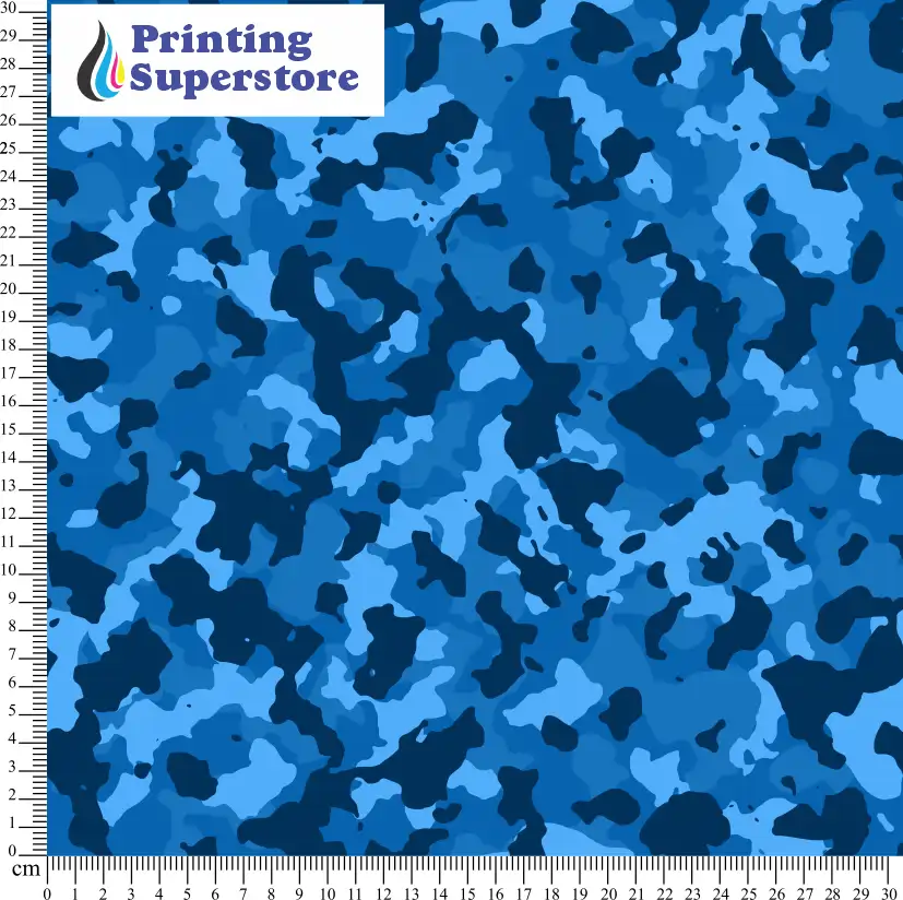 Blue camouflage pattern printed on Self Adhesive Vinyl (SAV), Heat Transfer Vinyl (HTV) and Cardstock.