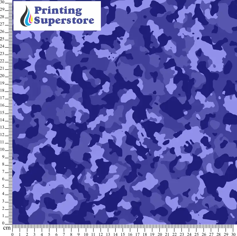 Blue camouflage pattern printed on Self Adhesive Vinyl (SAV), Heat Transfer Vinyl (HTV) and Cardstock.